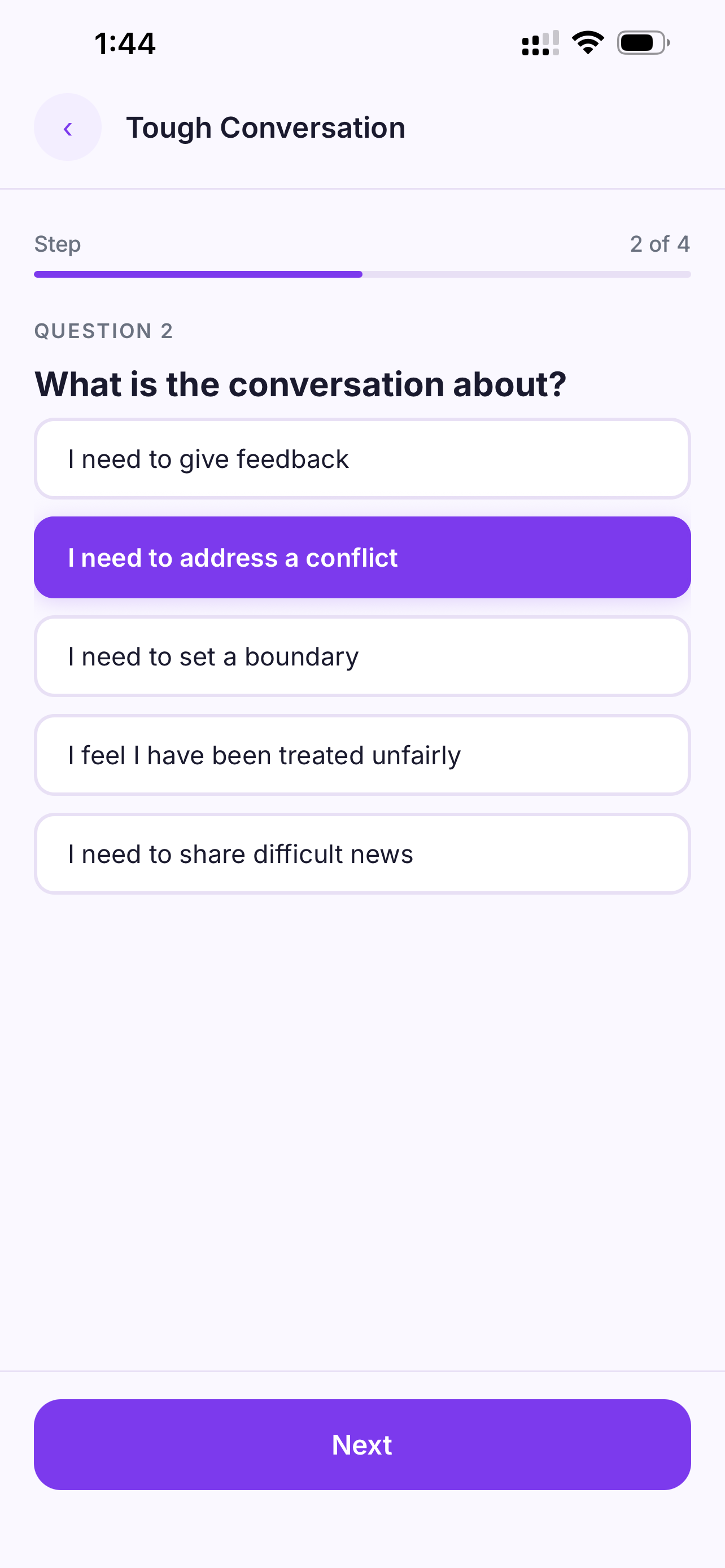 Tough Conversation Step 2 of 4: What is the conversation about, with I need to address a conflict selected
