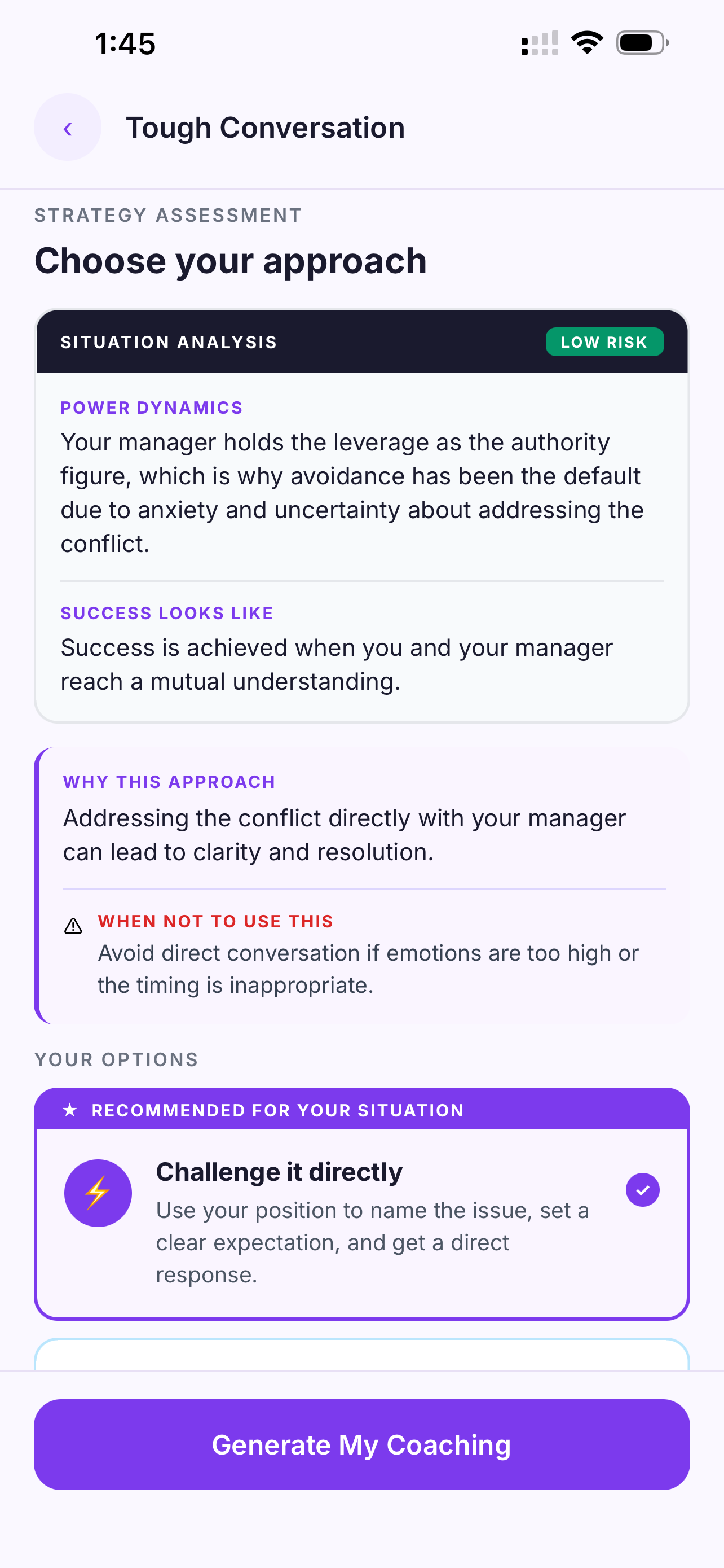 Strategy Assessment: Situation Analysis with Low Risk badge, Power Dynamics, Success Looks Like, Why This Approach, When Not To Use This, recommended option Challenge it directly