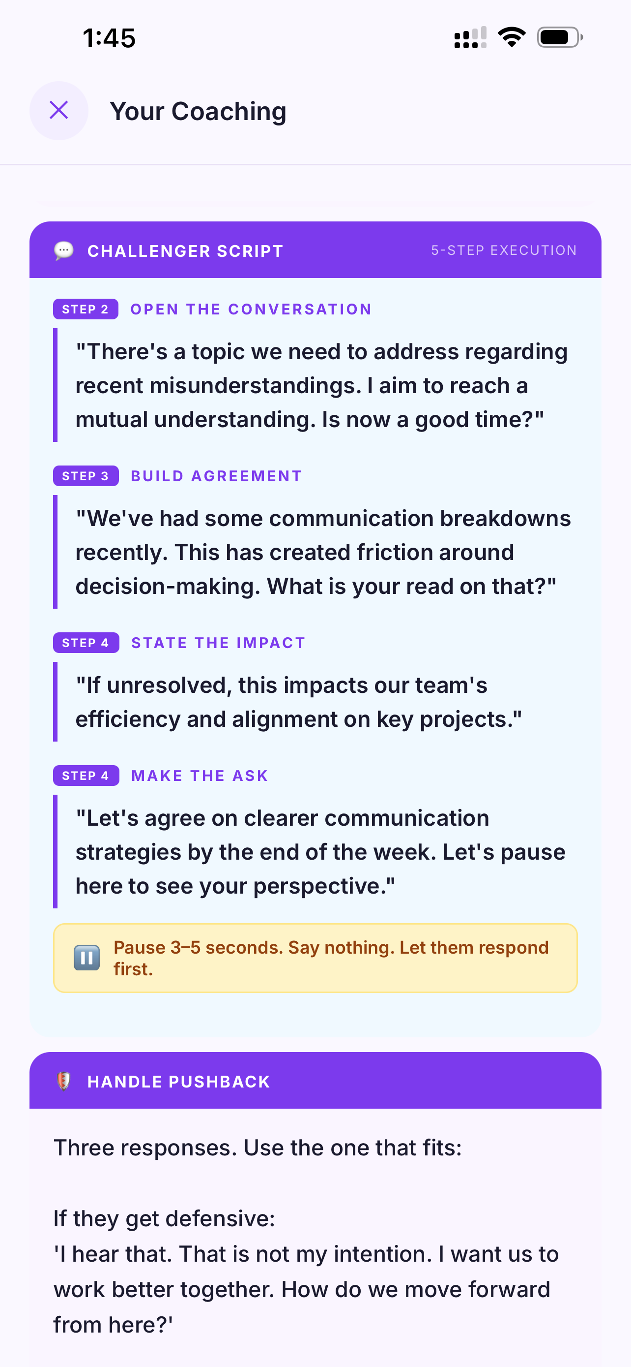 Challenger Script 5-step execution: Open the conversation, Build agreement, State the impact, Make the ask, with pause instruction and Handle Pushback beginning